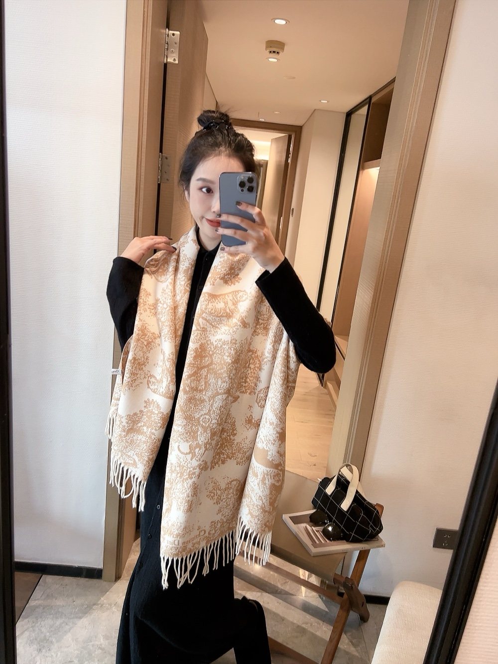 Dior Animal Print Fringed Scarf — model