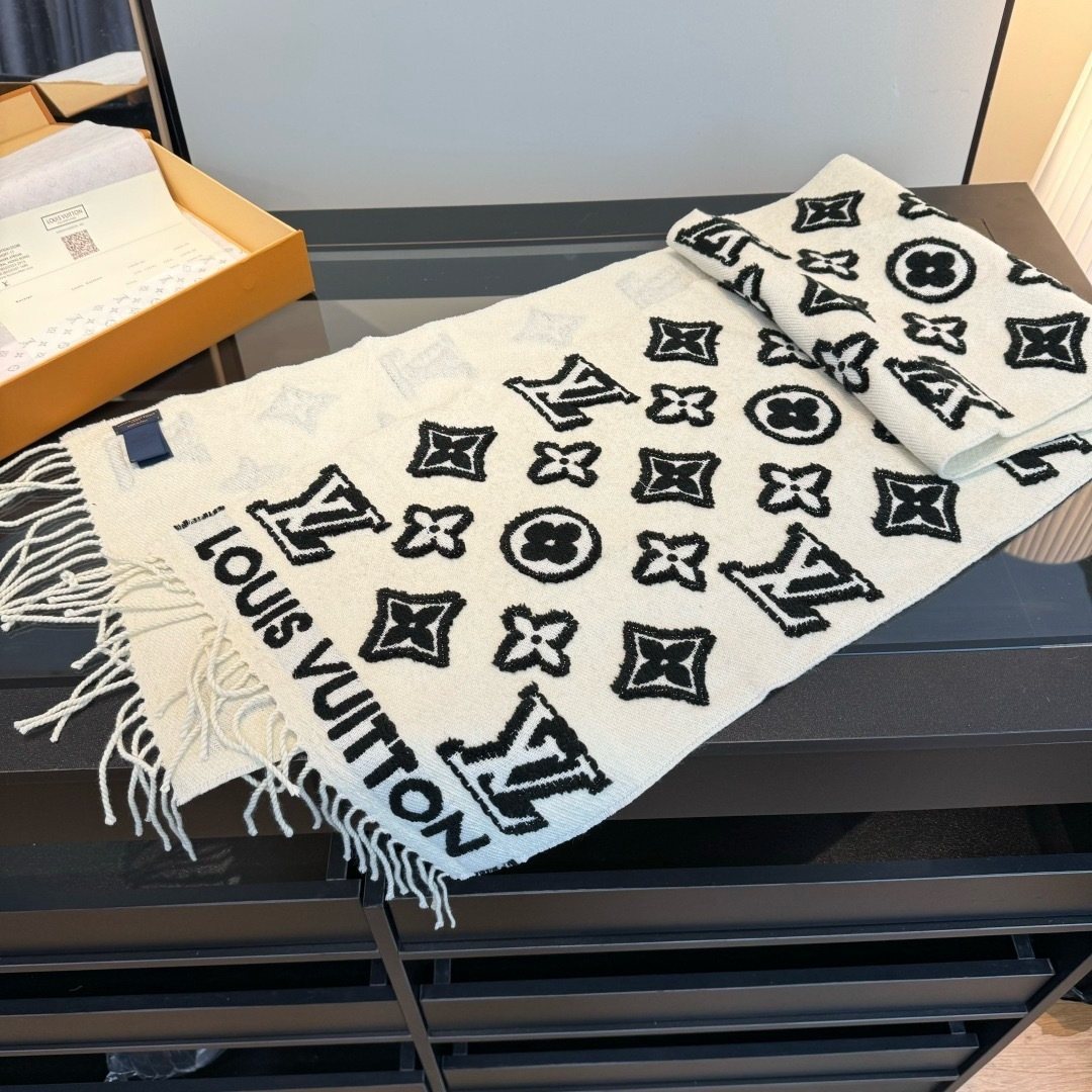 Louis Vuitton White and Black Graphic Scarf — side