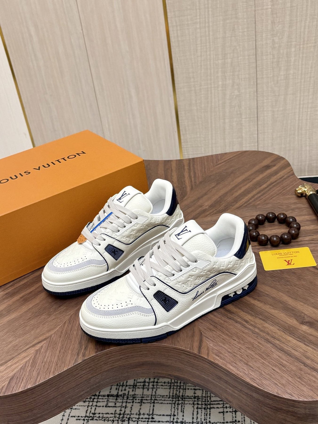 Louis Vuitton White & Navy Low-Top Sneakers — side