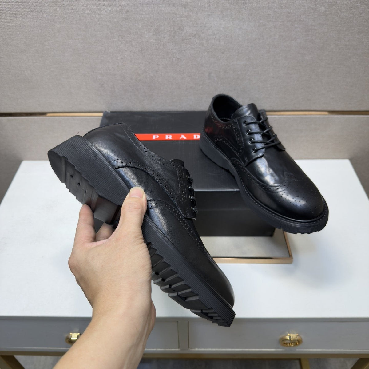 Prada Black Brogue Lace-Up Shoes — detail