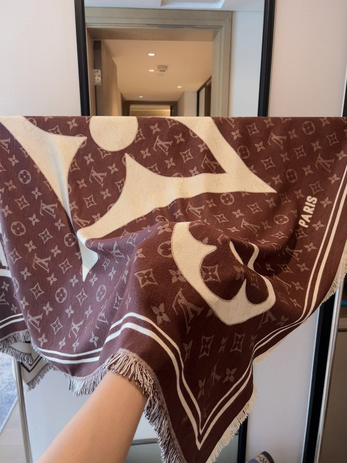 Louis Vuitton Monogram Fringe Square Scarf — model