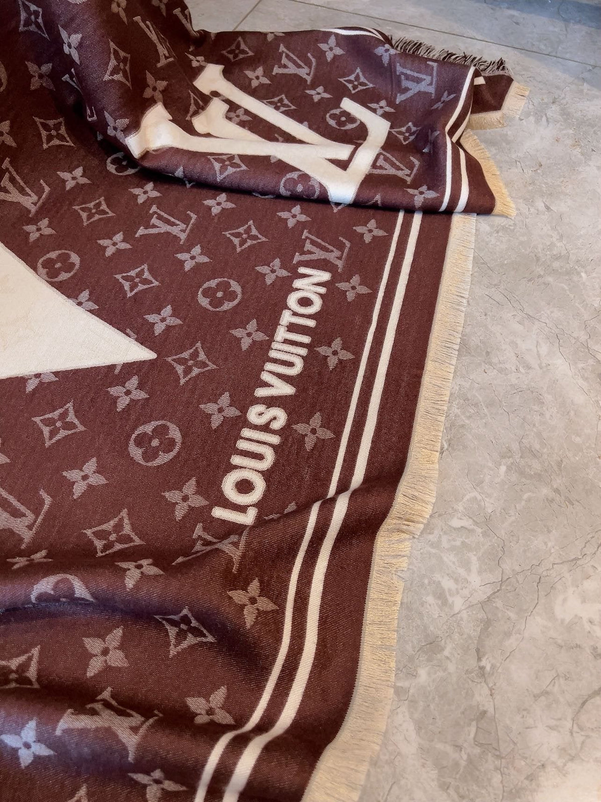 Louis Vuitton Brown & Cream Monogram Square Scarf — detail