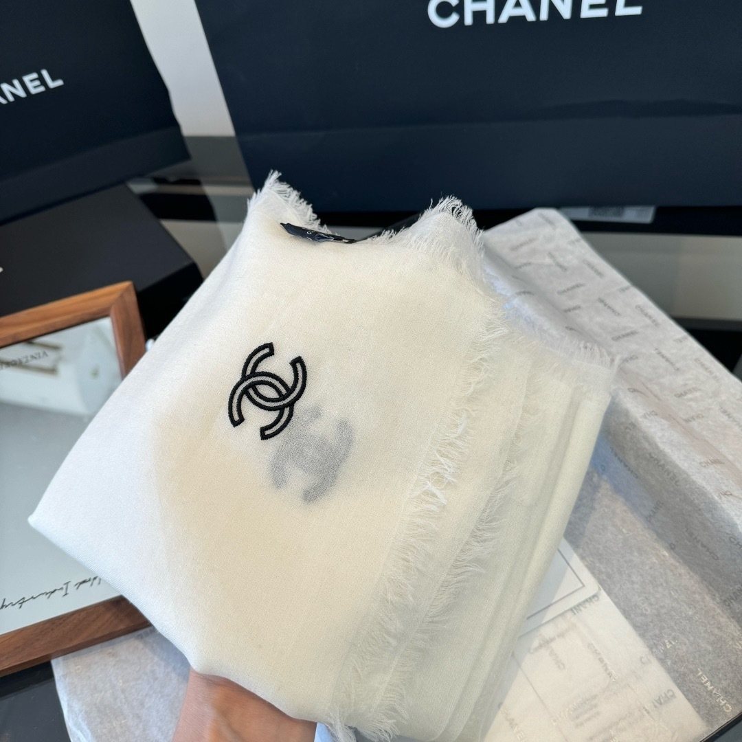 Chanel Ivory Fringed Cashmere Scarf — side