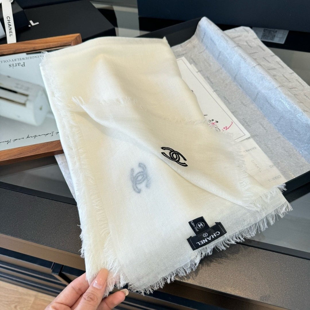 Chanel Ivory Fringed Cashmere Scarf — model