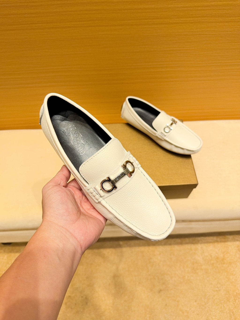 Ferragamo White Metal-Accent Loafers — front