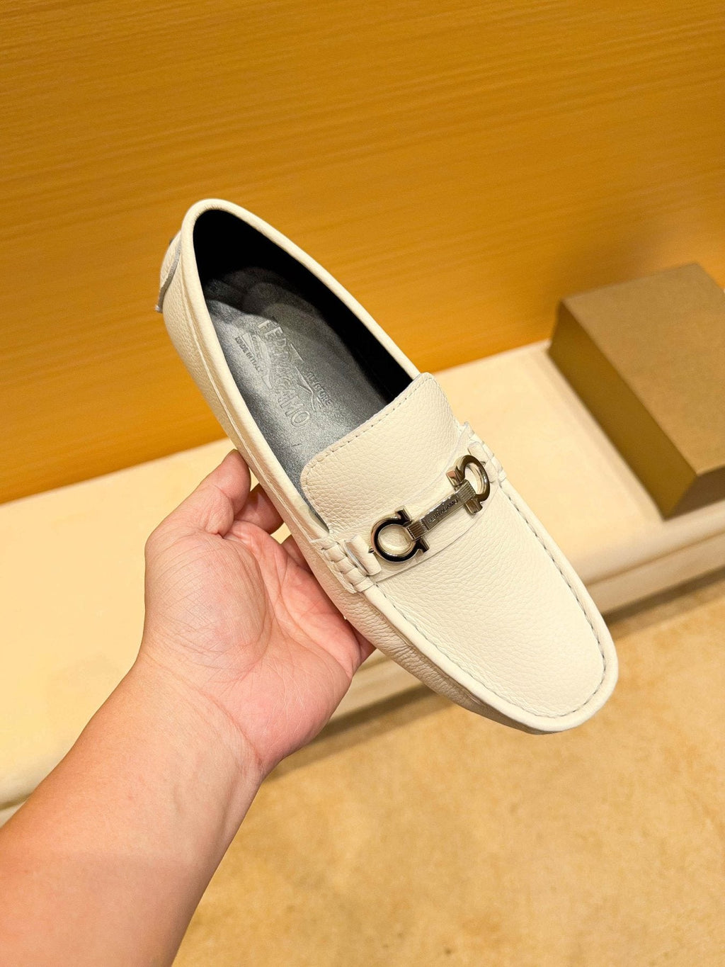 Ferragamo White Metal-Accent Loafers — front