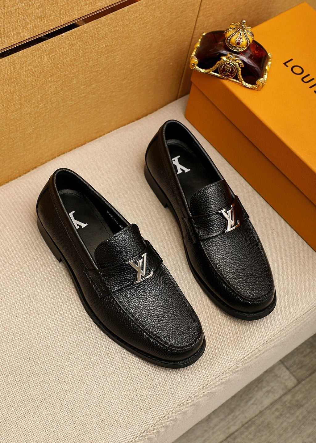 Louis Vuitton Black Pebbled Leather Loafers — front