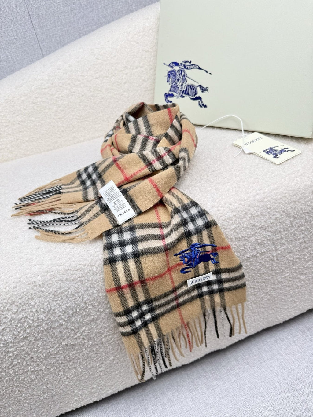 Burberry Beige Plaid Fringe Scarf — side