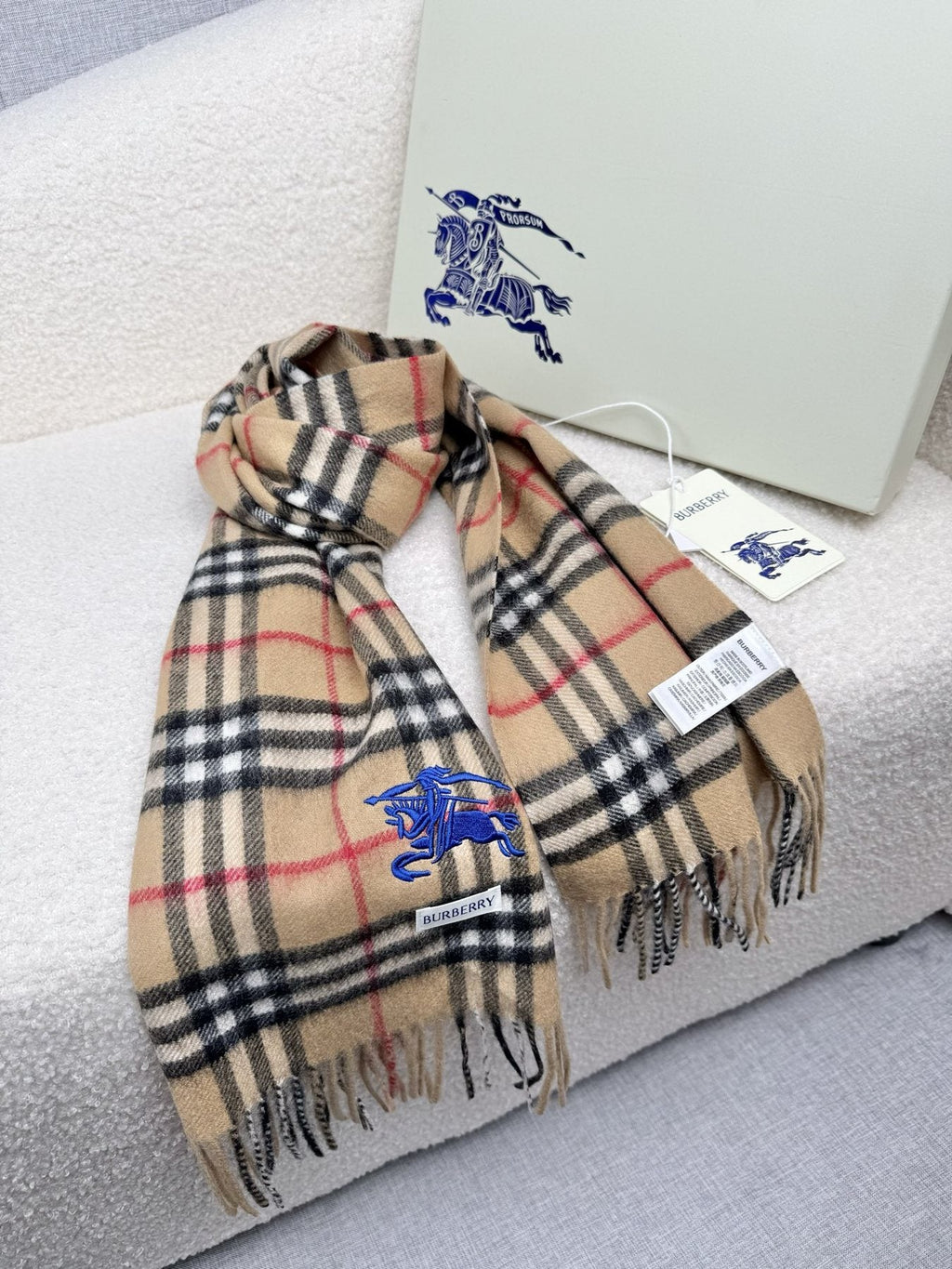Burberry Beige Plaid Fringe Scarf — front