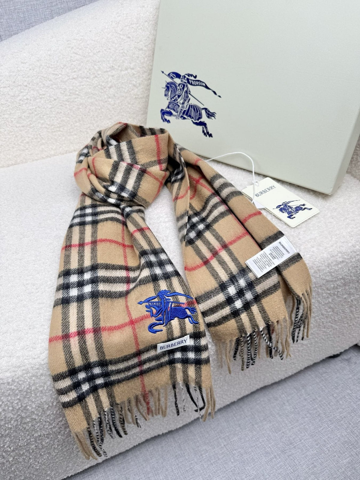 Burberry Beige Plaid Fringe Scarf — front