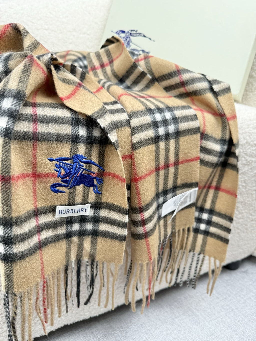 Burberry Beige Plaid Fringe Scarf — detail