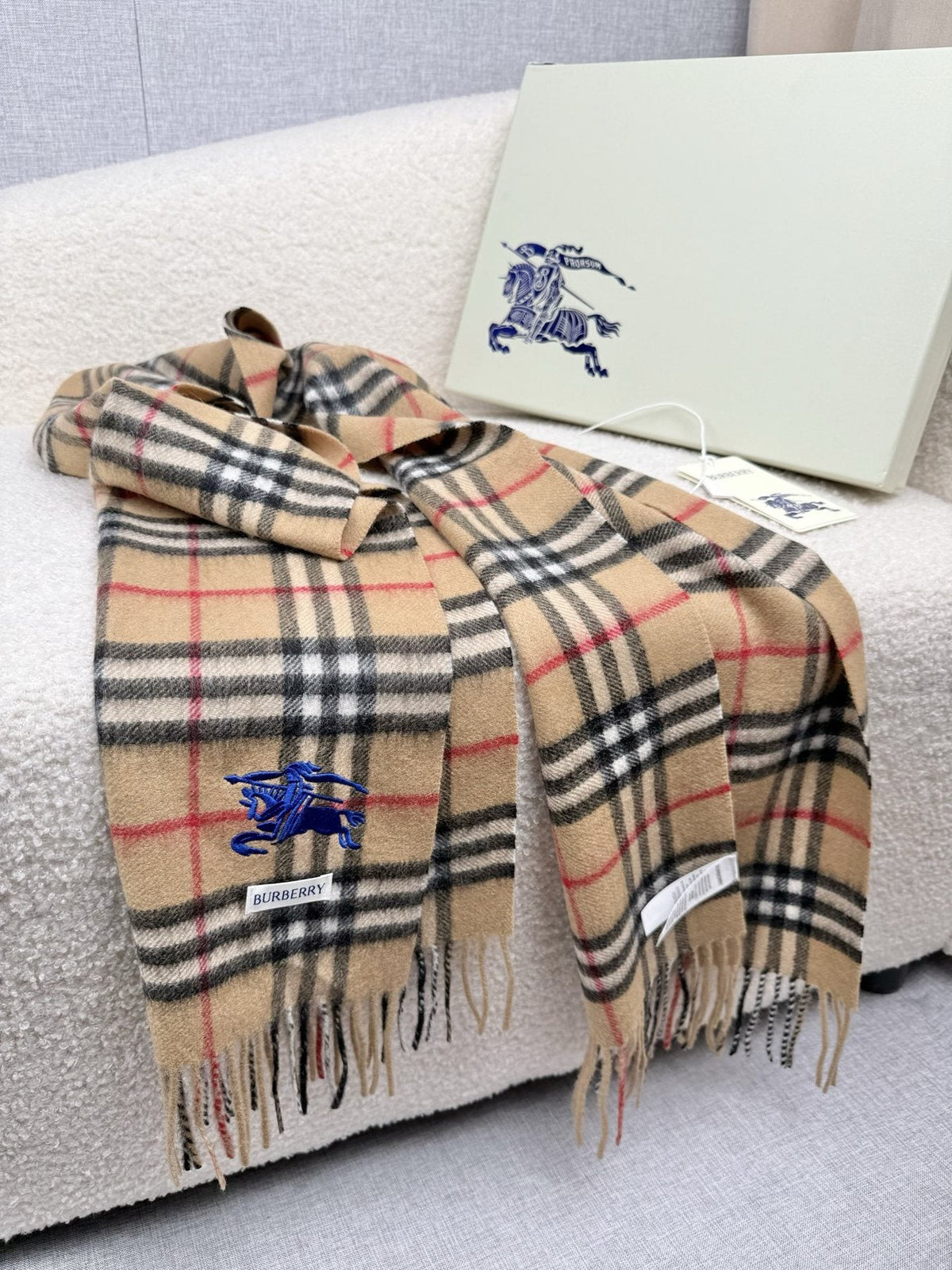 Burberry Beige Plaid Fringe Scarf — front