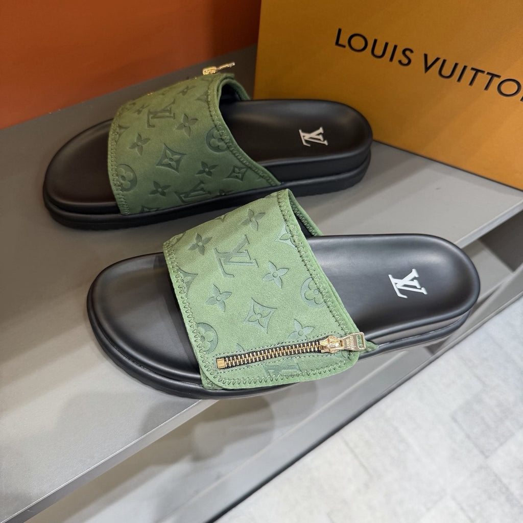 Louis Vuitton Light Green Patterned Slide Sandals — front