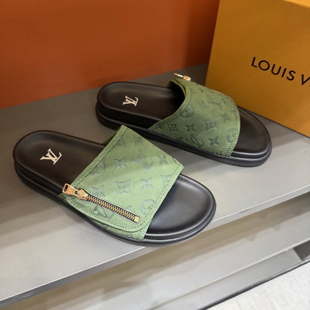 Louis Vuitton Light Green Patterned Slide Sandals — front