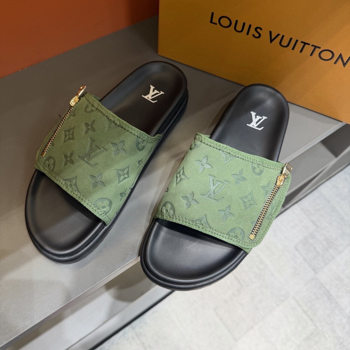 Louis Vuitton Light Green Patterned Slide Sandals — front
