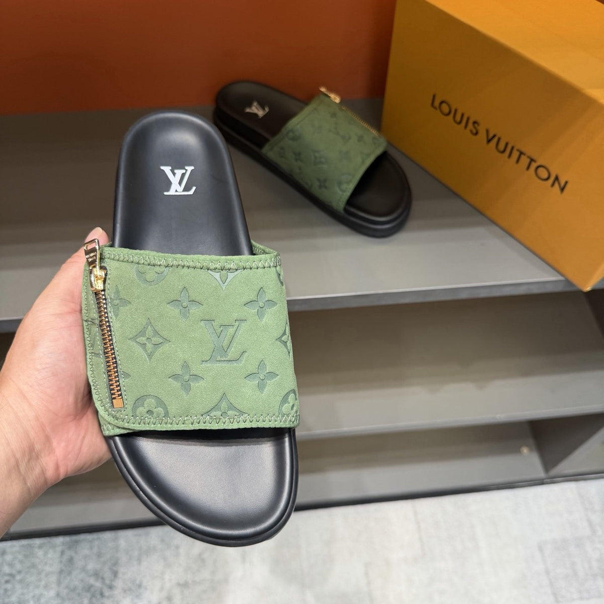 Louis Vuitton Light Green Patterned Slide Sandals — model
