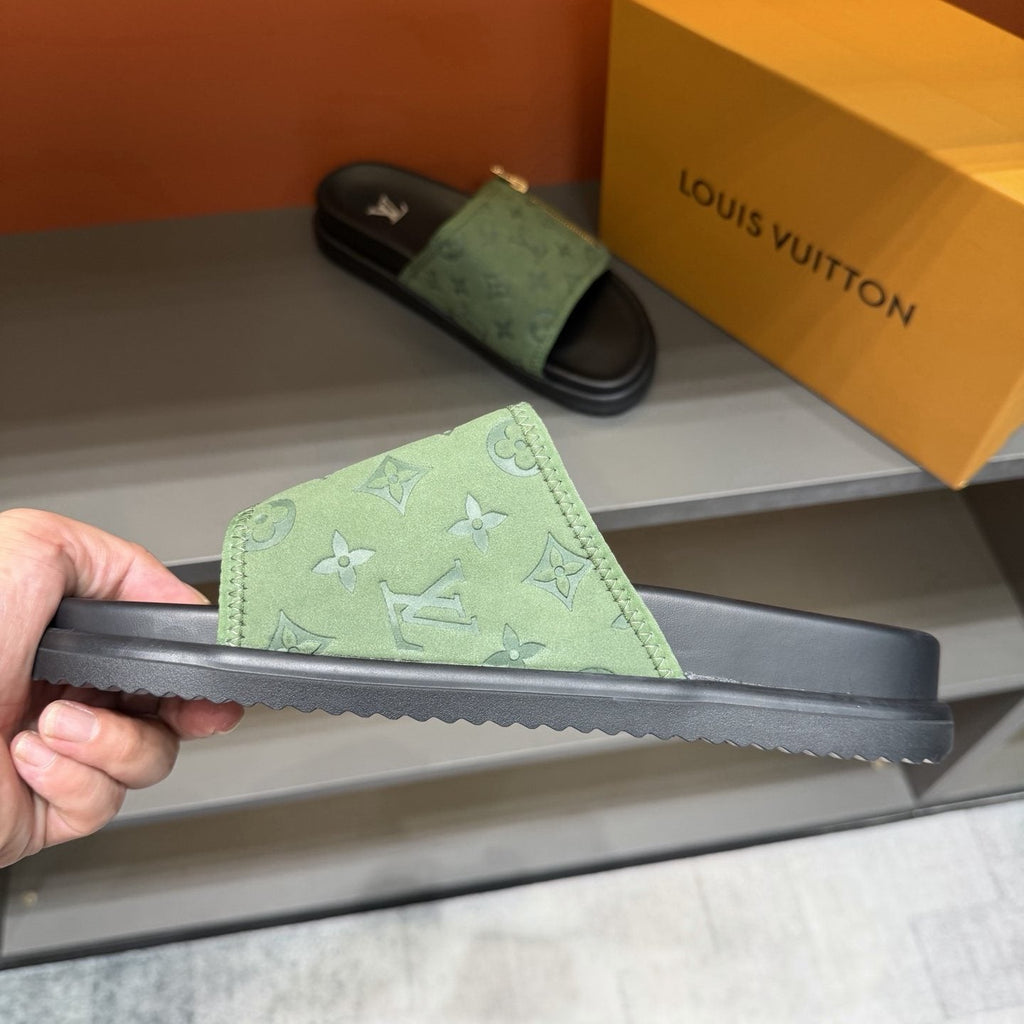 Louis Vuitton Light Green Patterned Slide Sandals — side