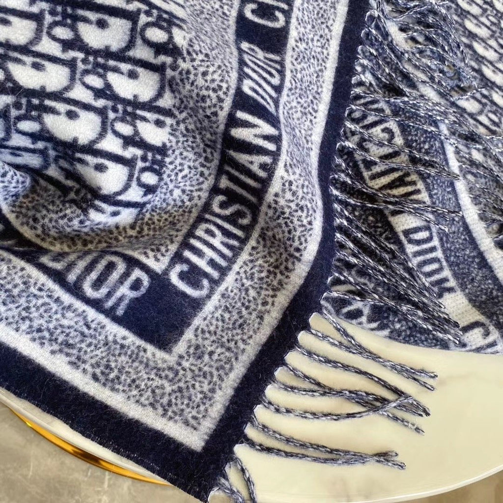 Dior Navy Blue & Ivory Fringed Scarf — detail