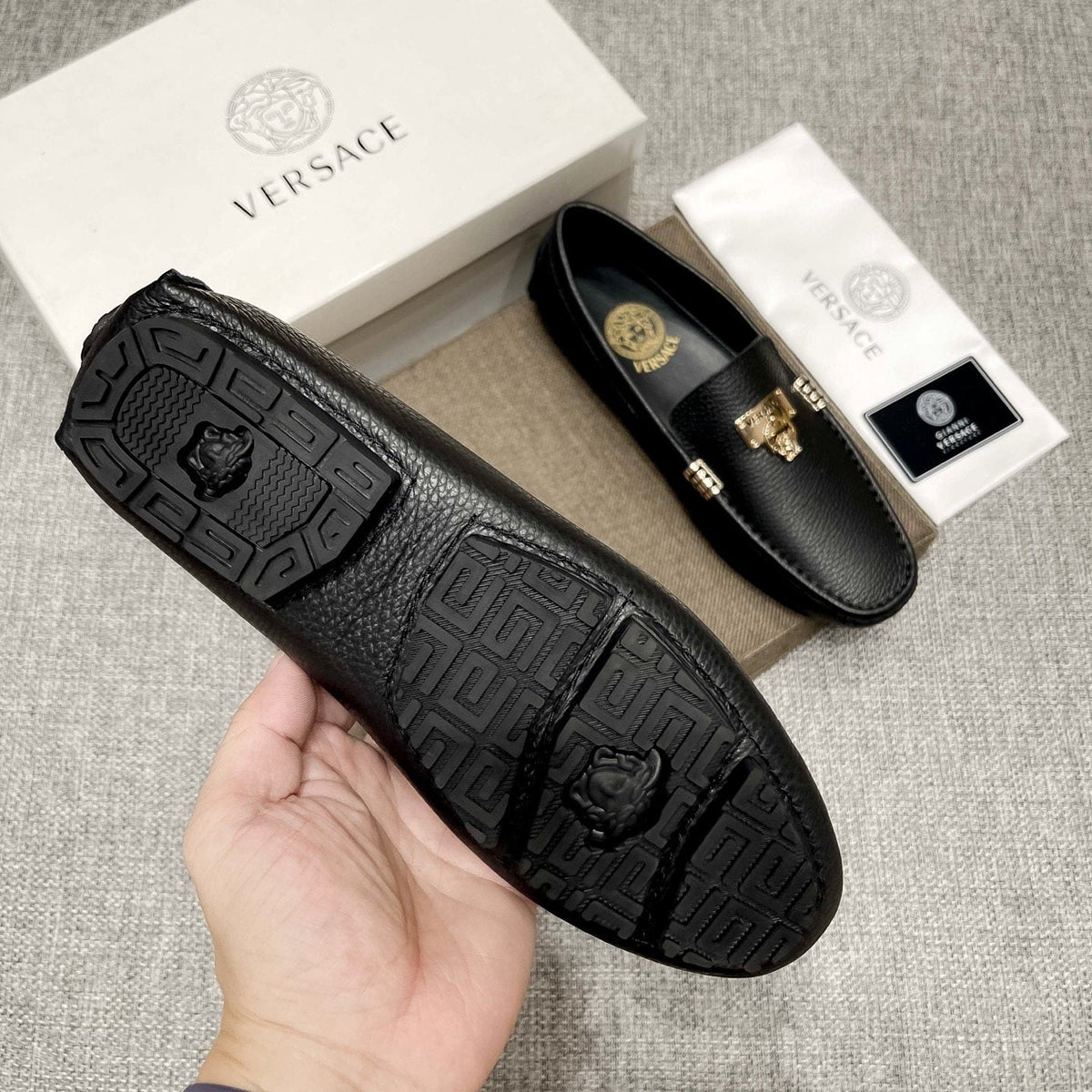 Versace Men's Black Loafers with Gold-Tone Hardware — back