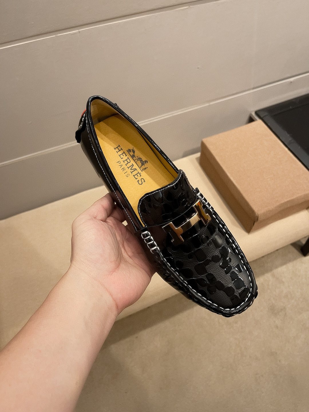 Hermès Black Textured Loafers — front