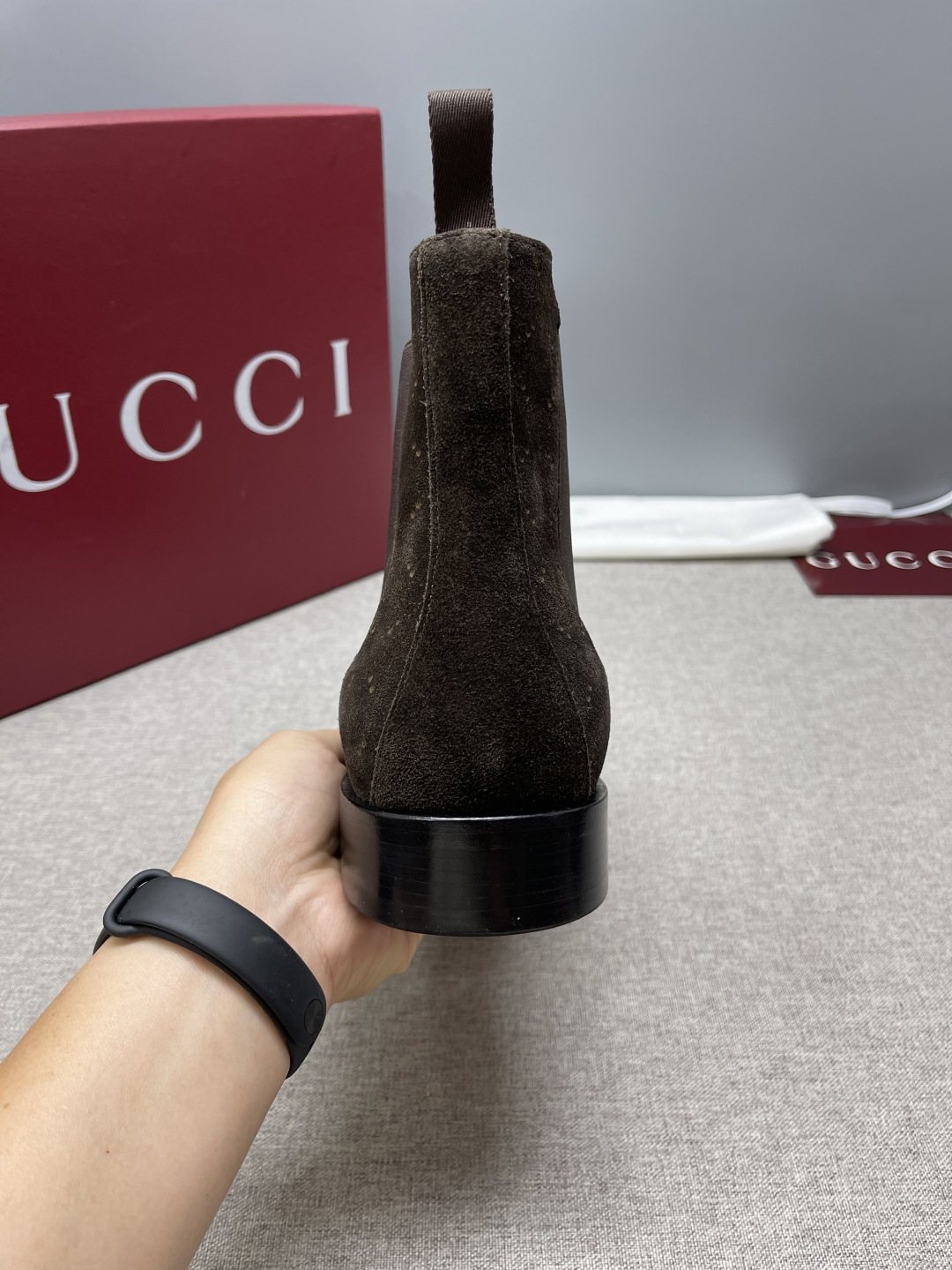 Gucci Dark Brown Textured Chelsea Boots — back