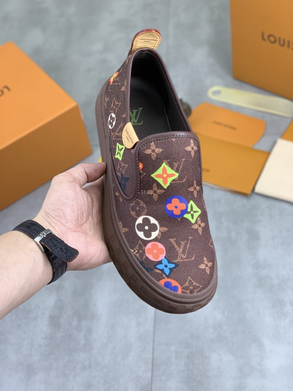 Louis Vuitton Floral Print Slip-On Shoes — front