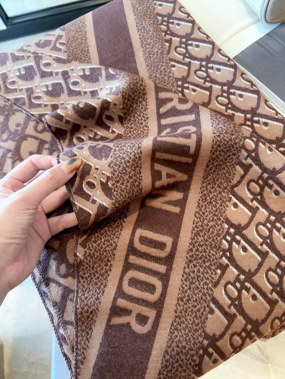 Dior Brown & Beige Fringed Scarf Shawl — detail