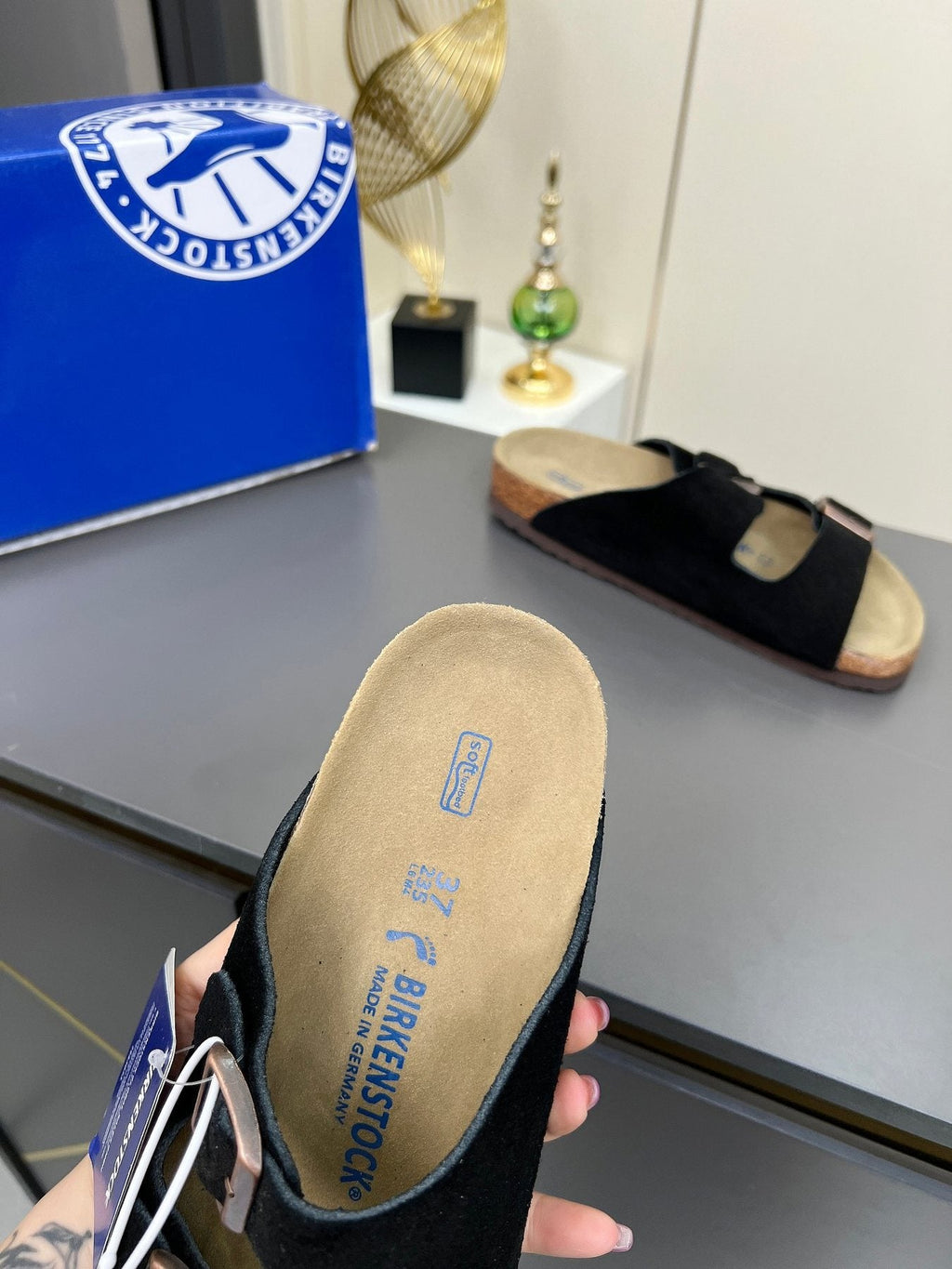 Birkenstock Black Two-Strap Slide Sandals — detail