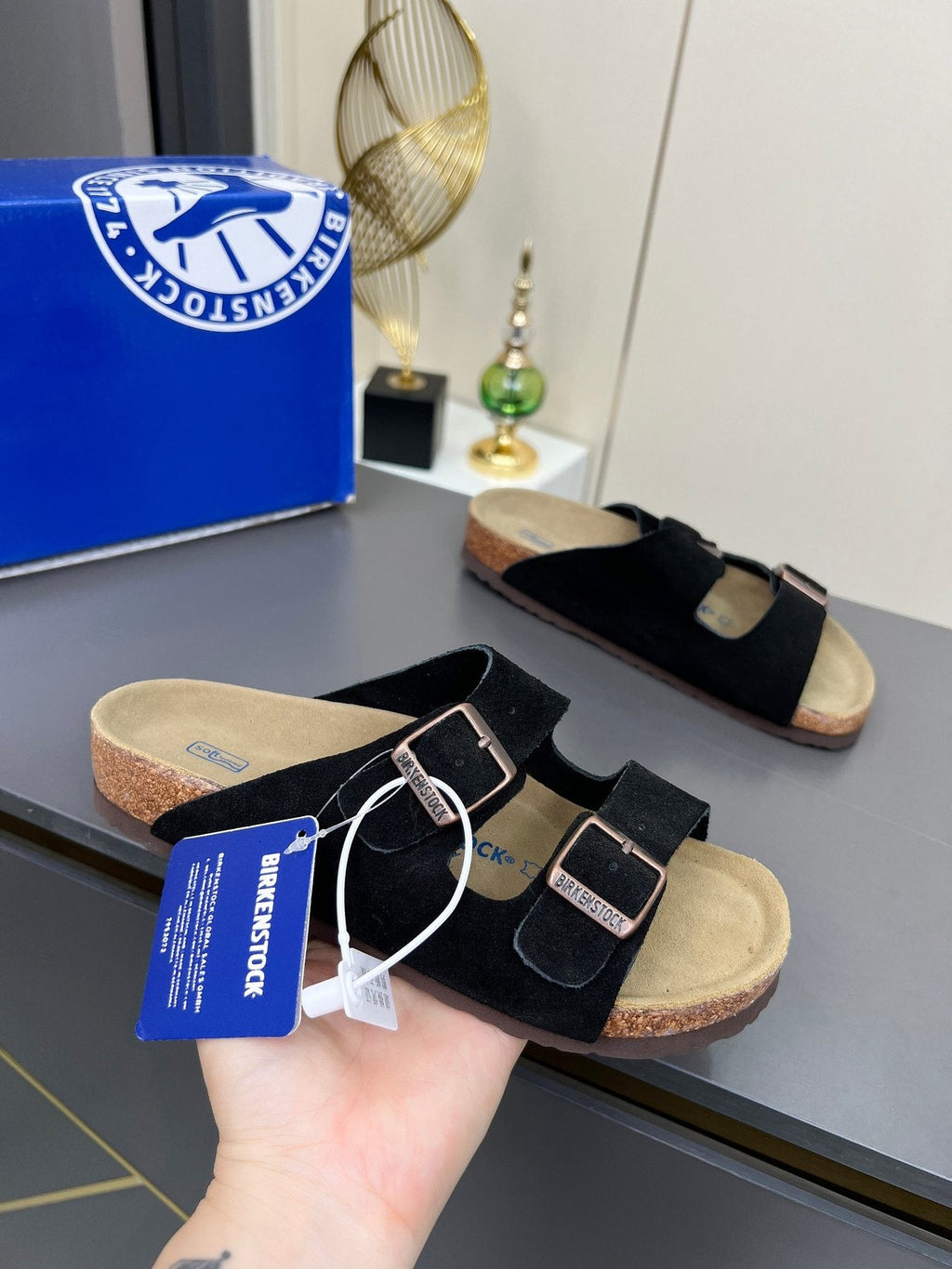 Birkenstock Black Two-Strap Slide Sandals — model