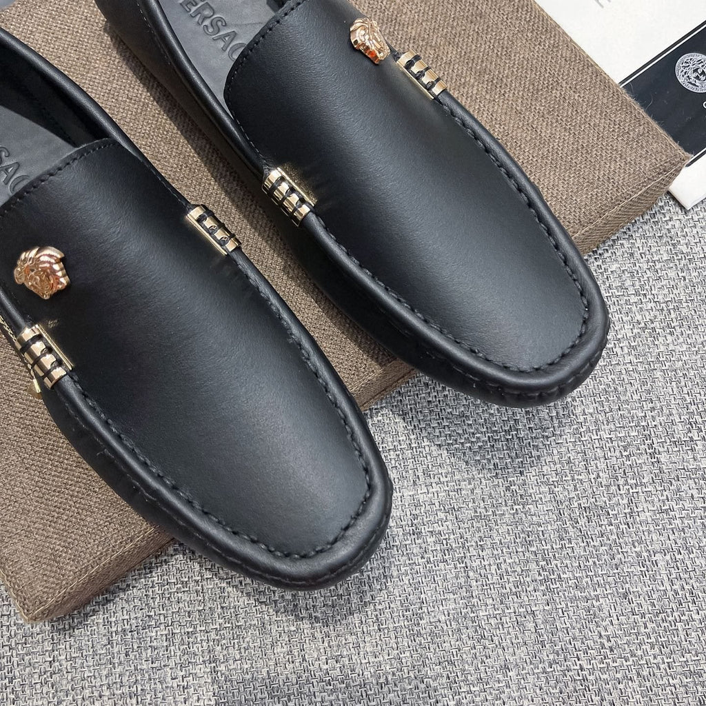 Versace Black Leather Loafers with Gold-Tone Accents — detail