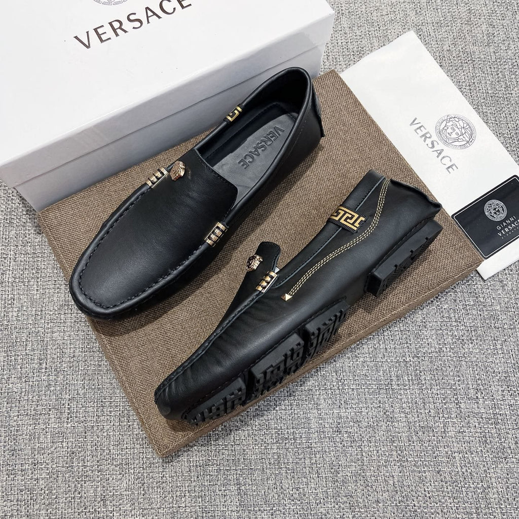 Versace Black Leather Loafers with Gold-Tone Accents — side