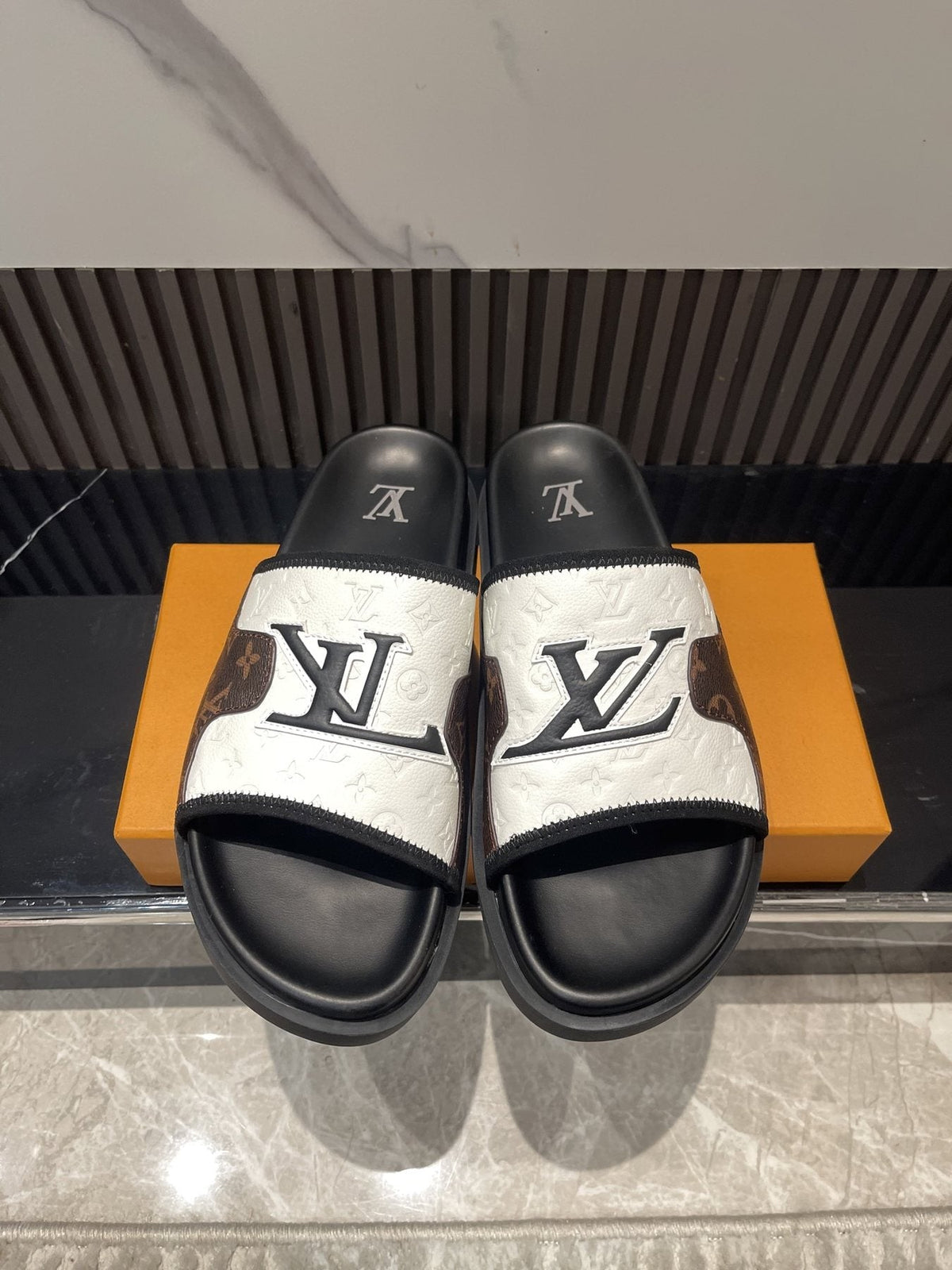 Louis Vuitton Brown Patterned Slide Sandals — front