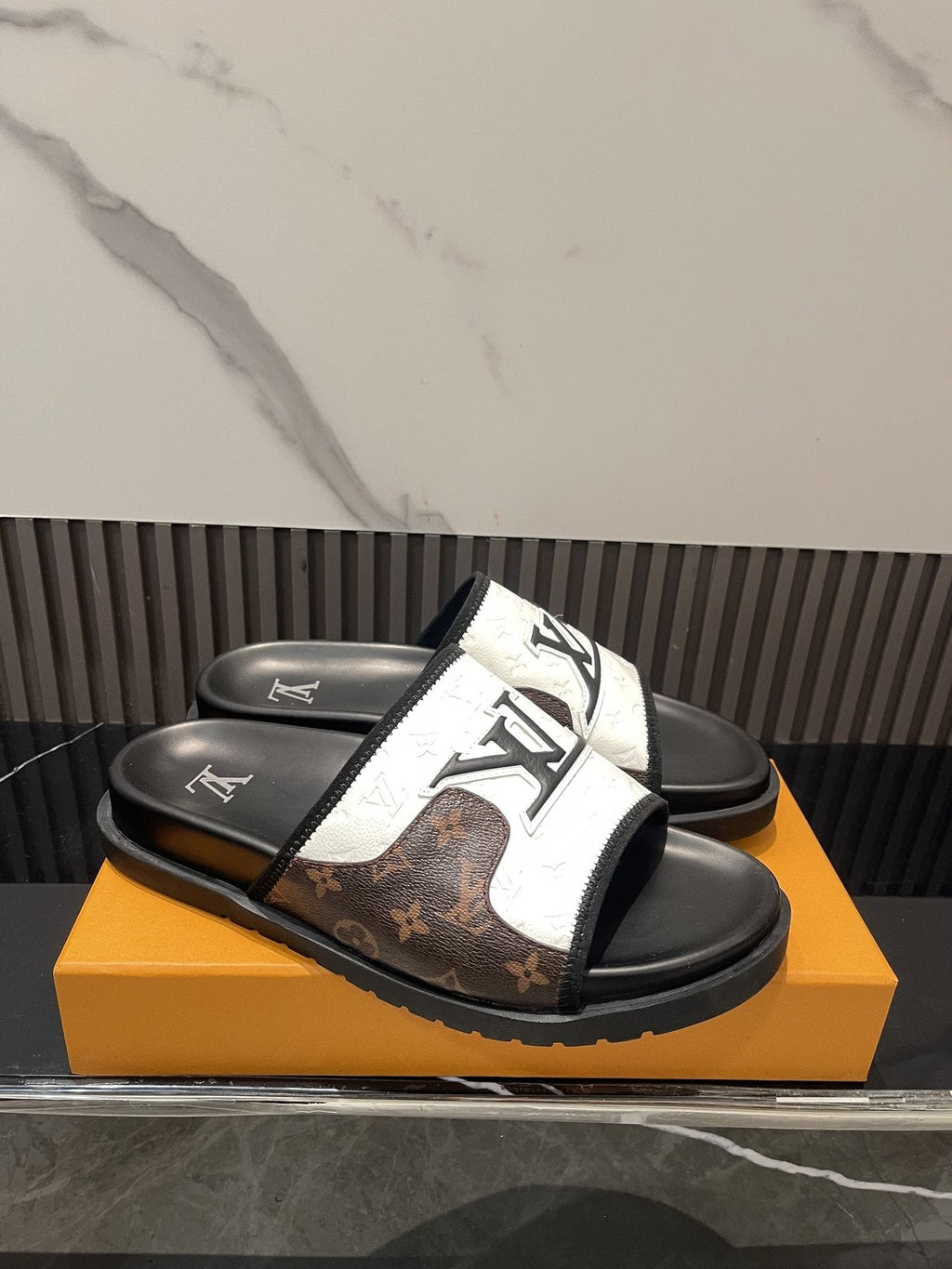 Louis Vuitton Brown Patterned Slide Sandals — front
