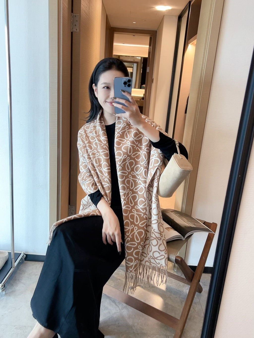 LOEWE Khaki Brown Jacquard Fringed Scarf — model