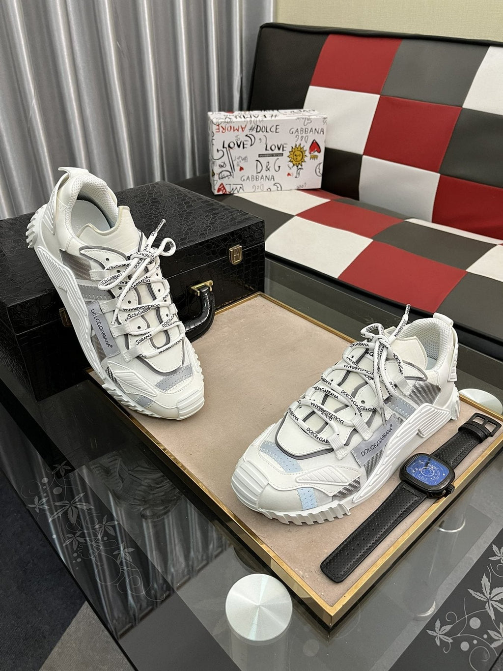 Dolce & Gabbana White and Light Gray Chunky Sneakers — front