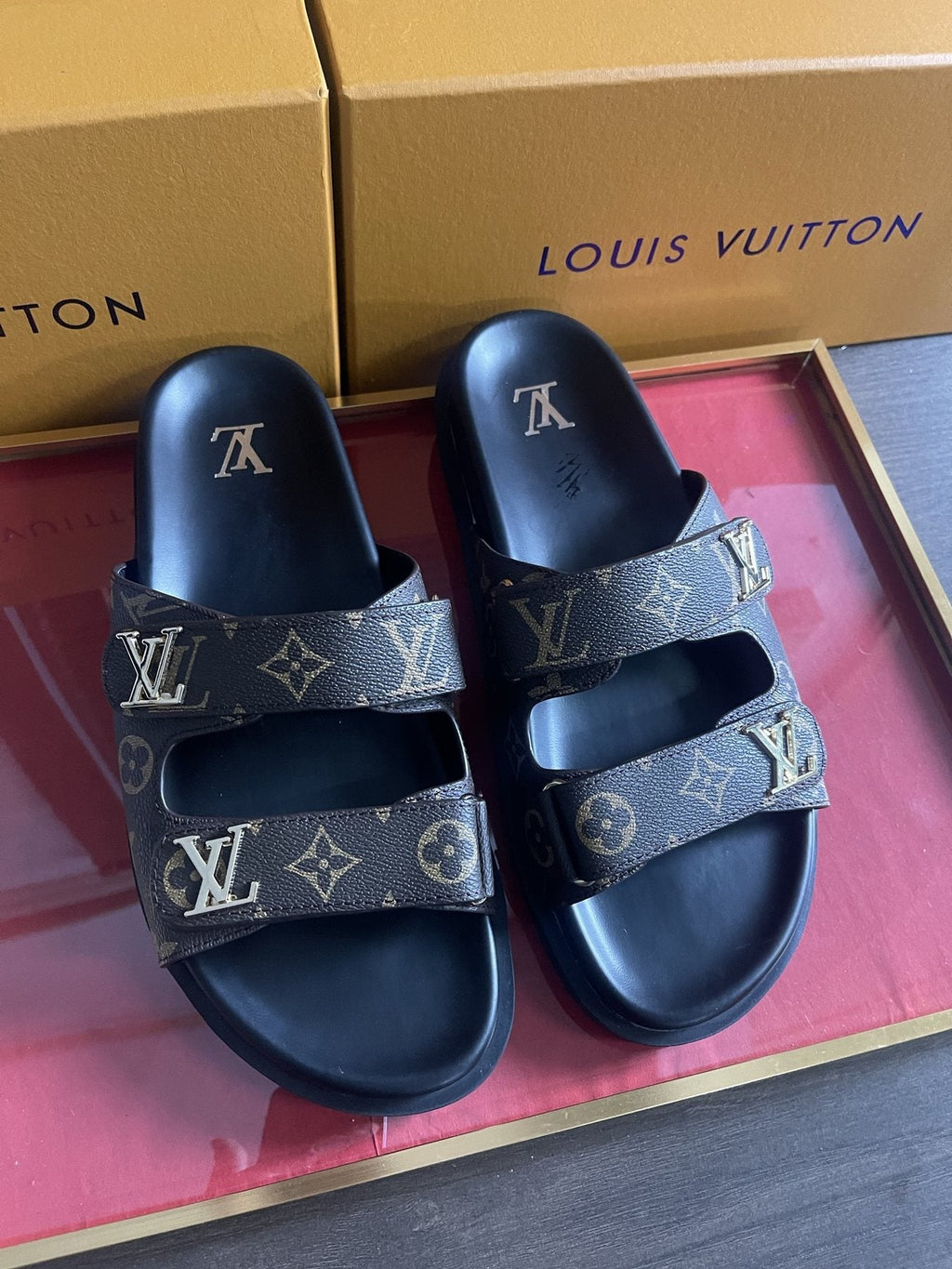 Louis Vuitton Dark Gray Monogram Slide Sandals — front