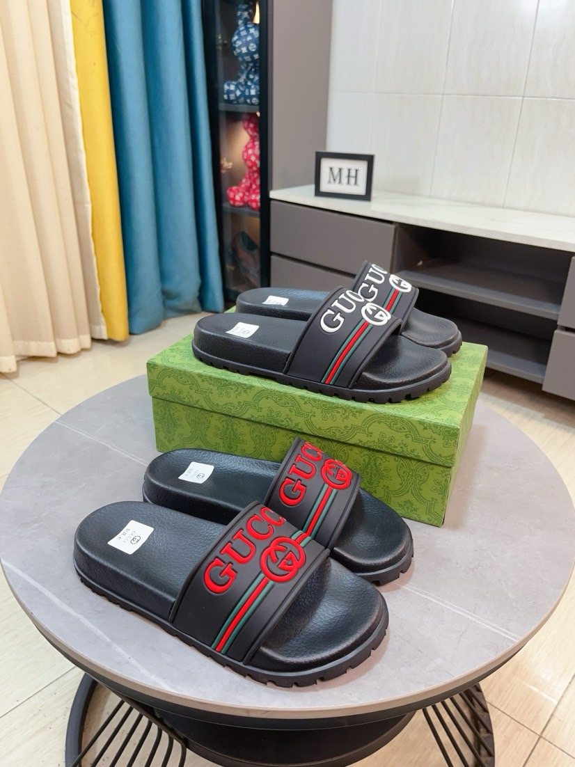 Gucci Black Red Green Striped Slide Sandals — hero