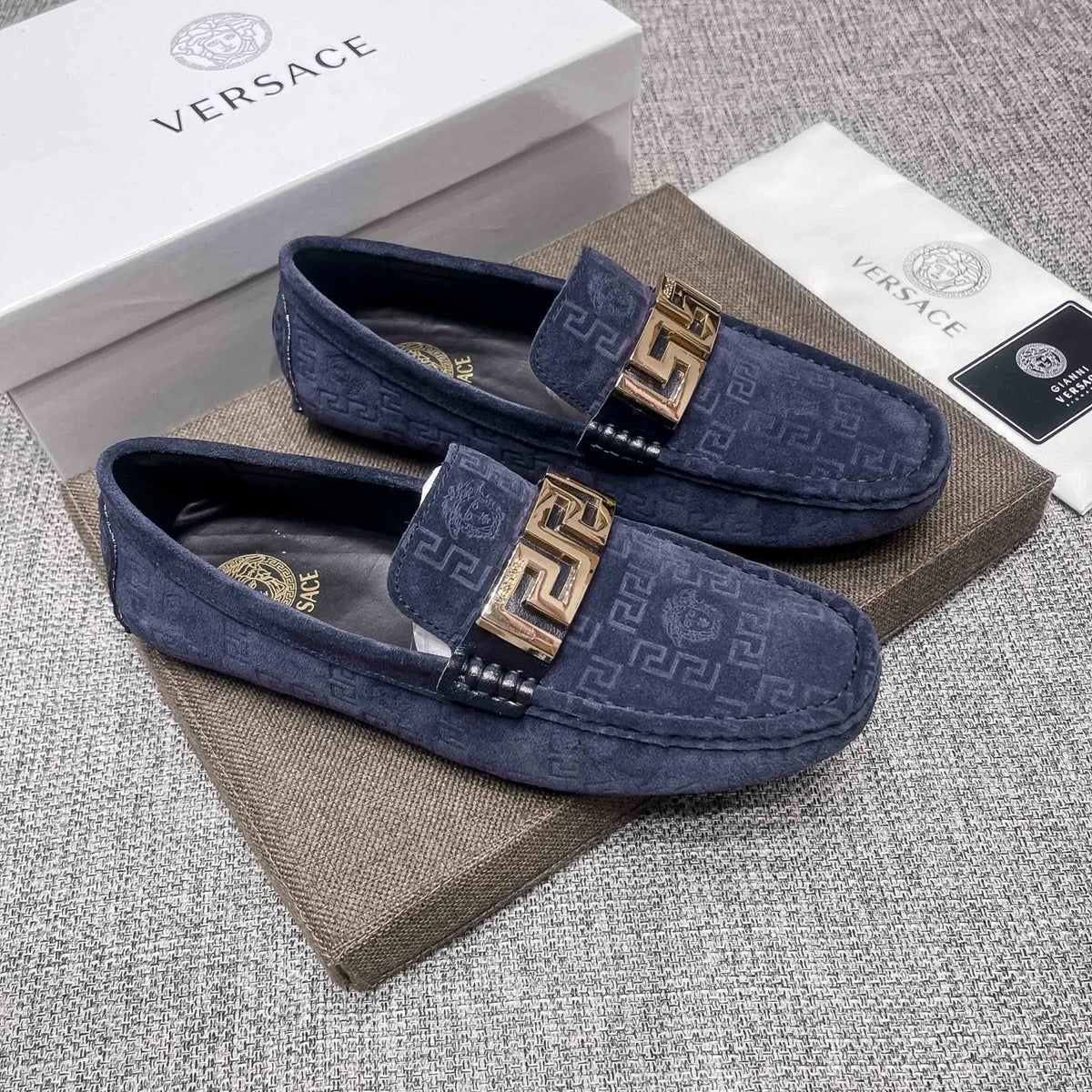 Versace Navy Blue Patterned Loafers — hero