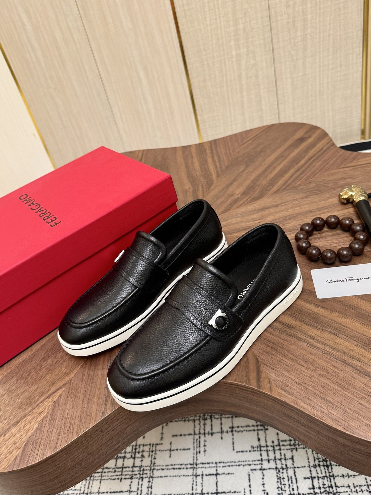 Salvatore Ferragamo Black Loafers with White Soles — hero