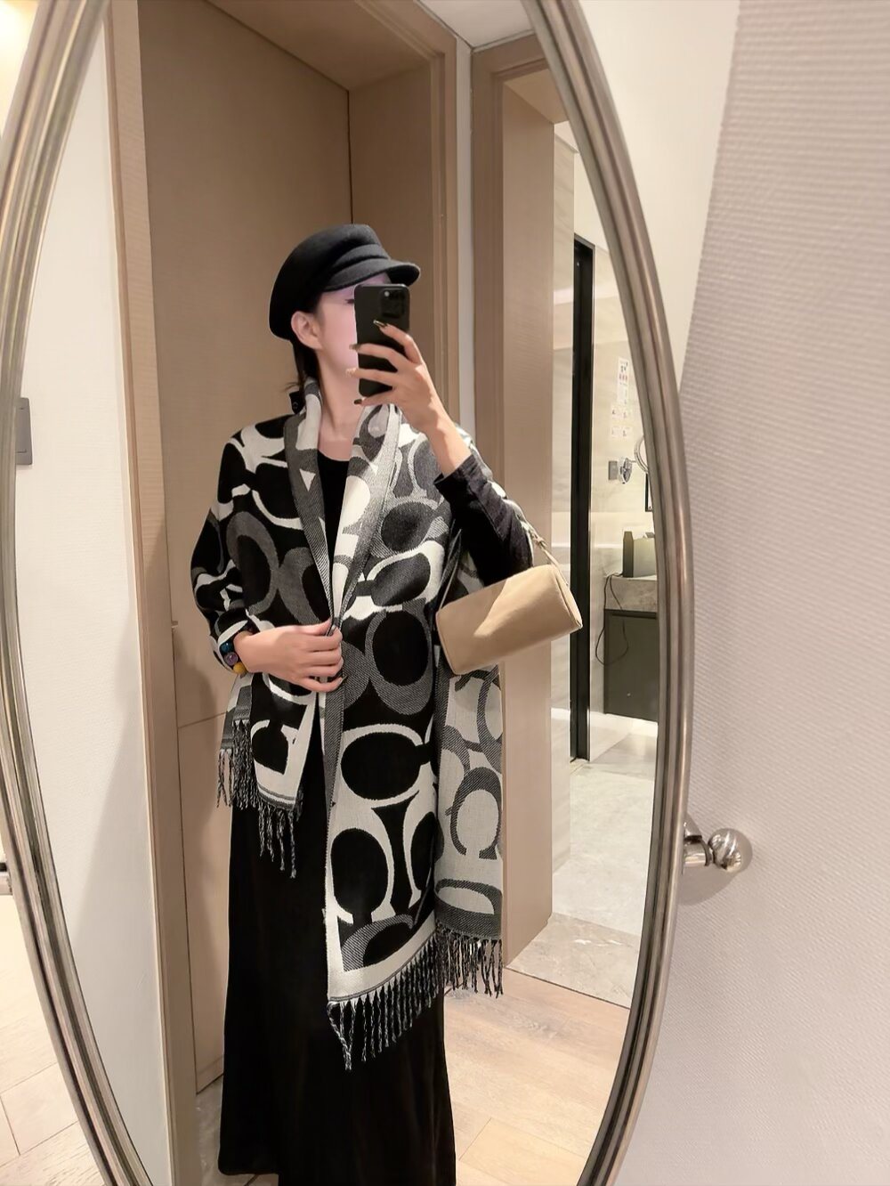 Coach Linked-Letter Fringe Scarf — model