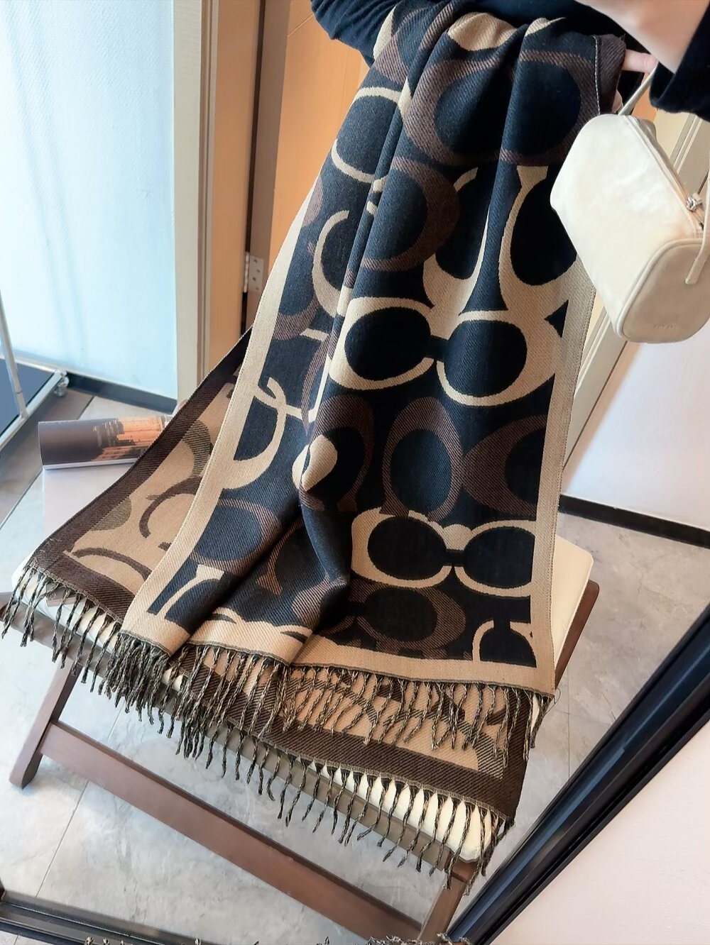 Coach Linked-Letter Fringe Scarf — model