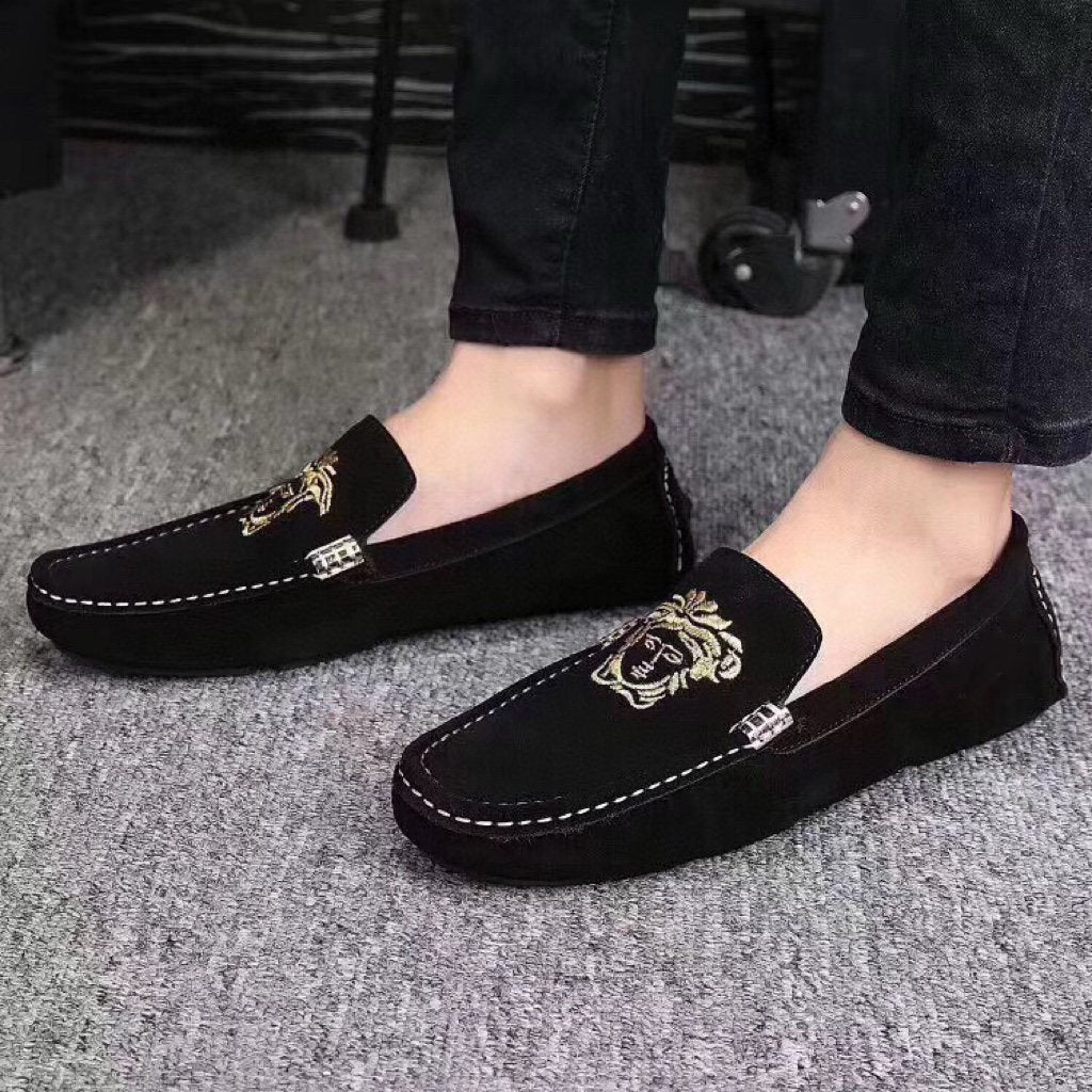 Versace Black Loafers with Gold Embroidery — model