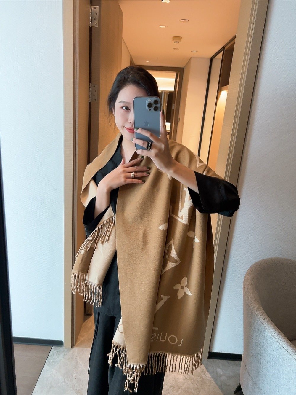 Louis Vuitton Floral Fringed Scarf — model