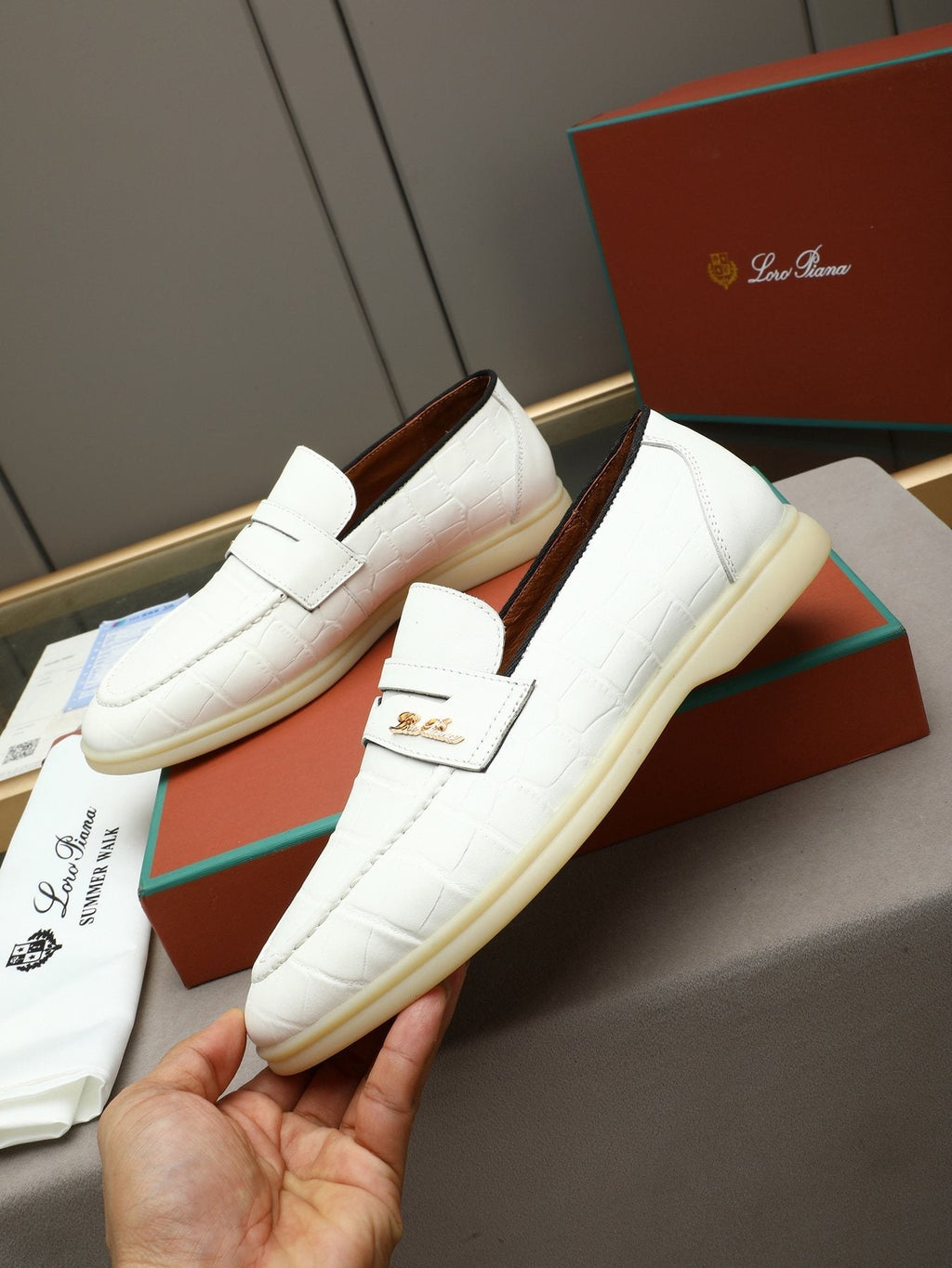 Loro Piana White Textured Loafers — front