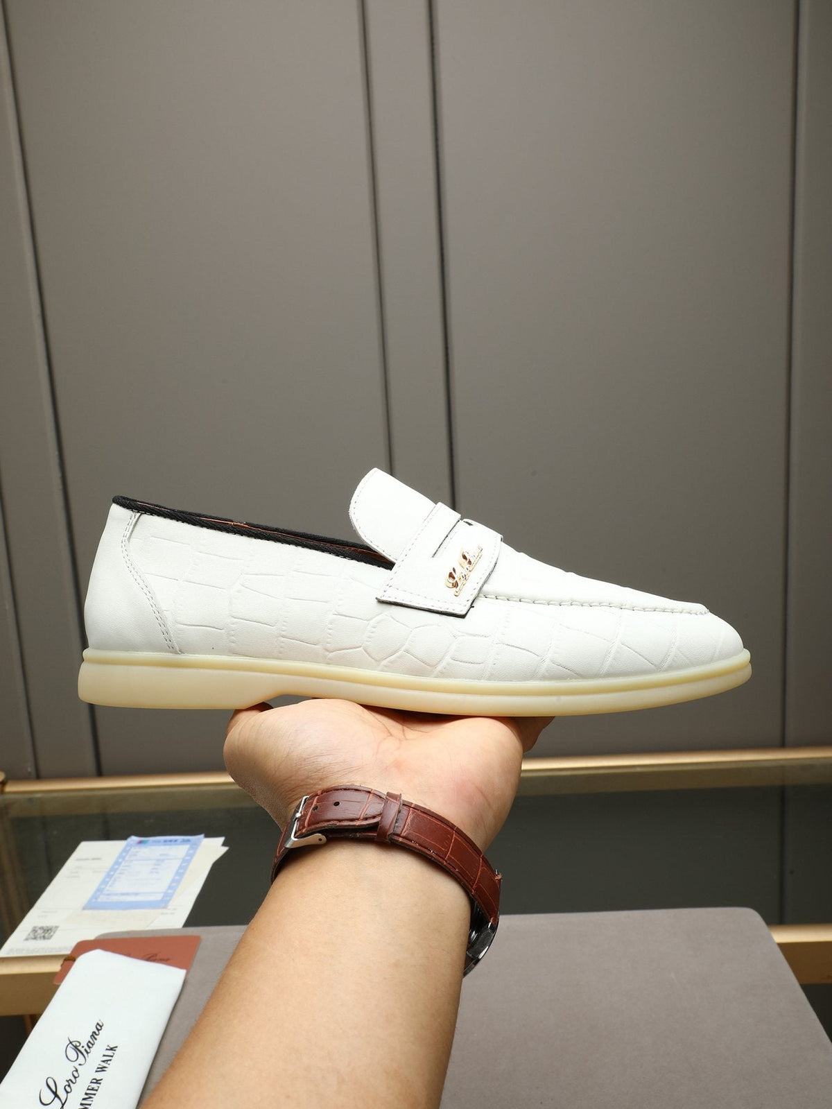 Loro Piana White Textured Loafers — model