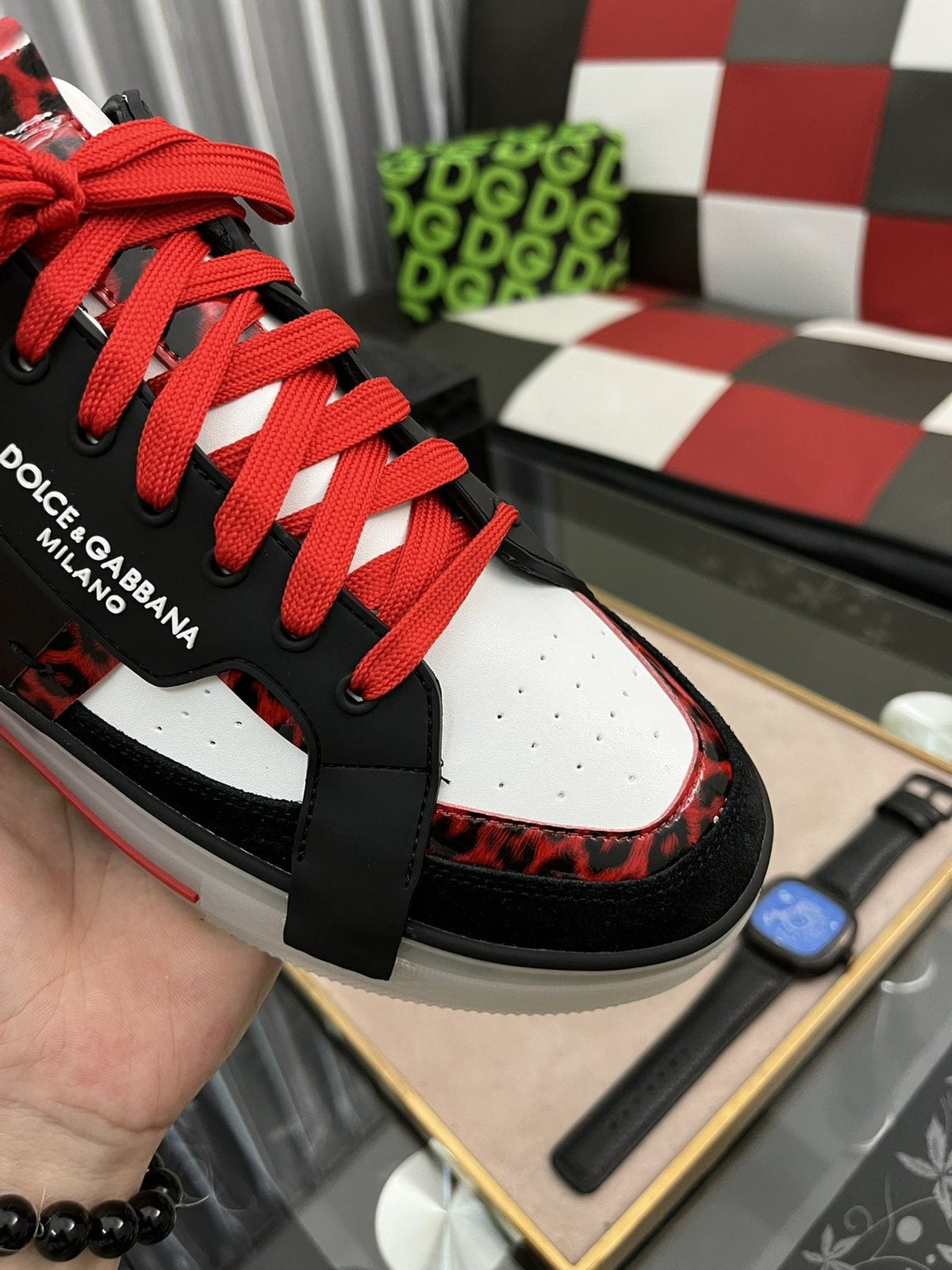 Dolce & Gabbana Men's Red-Lace Low-Top Sneakers — detail
