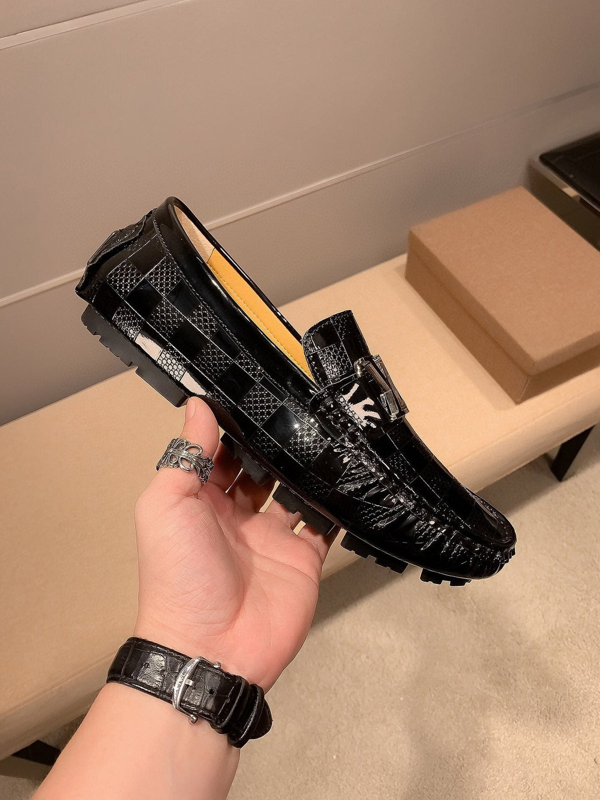 Louis Vuitton Black Glossy Buckle Loafers — model