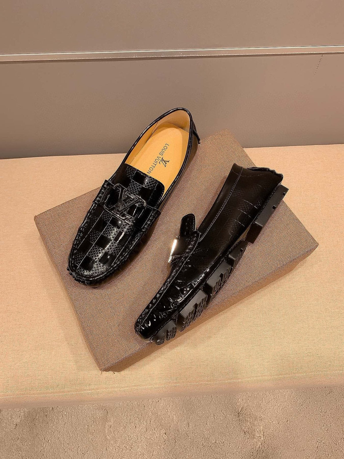Louis Vuitton Black Glossy Buckle Loafers — side