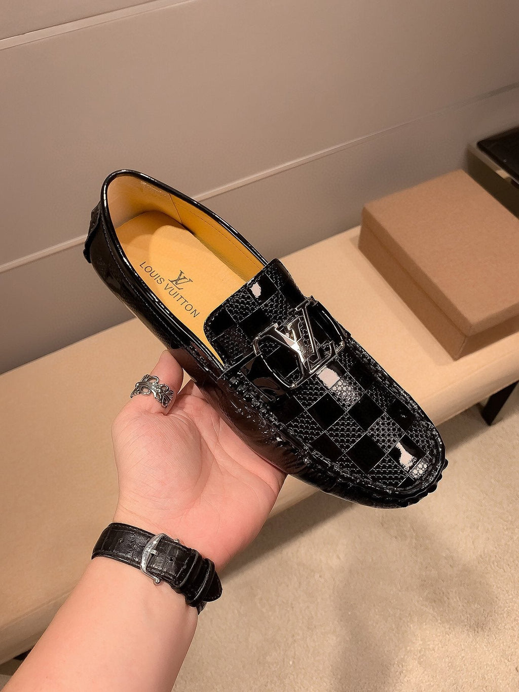Louis Vuitton Black Glossy Buckle Loafers — model