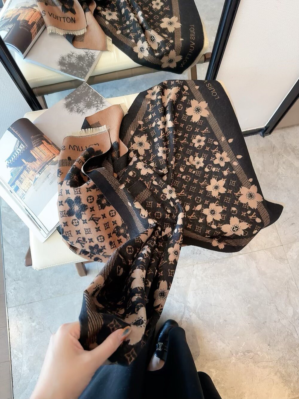 Louis Vuitton Floral Fringed Scarf — front